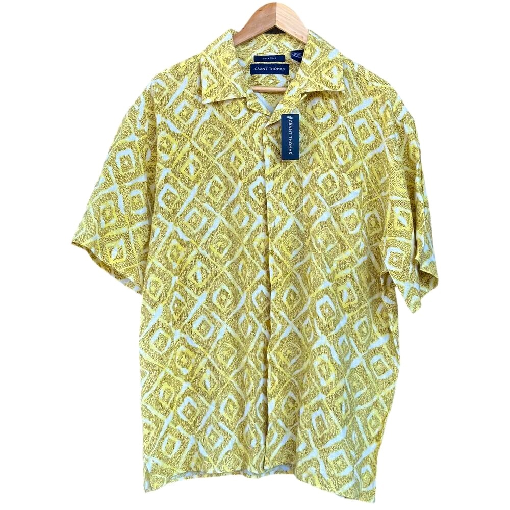 Grant Thomas Men’s Large Pure Linen Yellow Short Sleeve Button Down Plaid Shirt